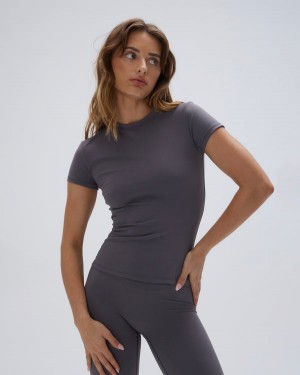 Adanola Ultimate Krótkie Sleeve Longline Top Ciemny Szare | SN-ADA56477